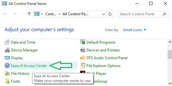 Control Panel's Ease of Access Center in Windows 10
