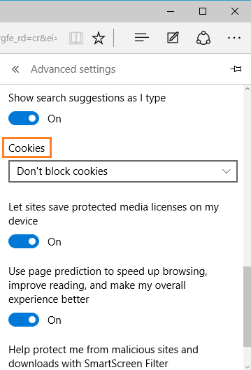 Cookies drop-down menu in Edge browser