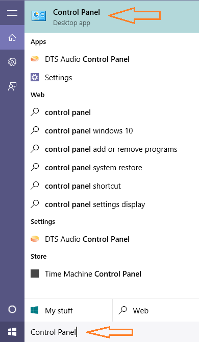 Cortana search exhibits Control Panel