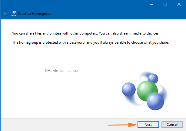 Create a Homegroup wizard Next button