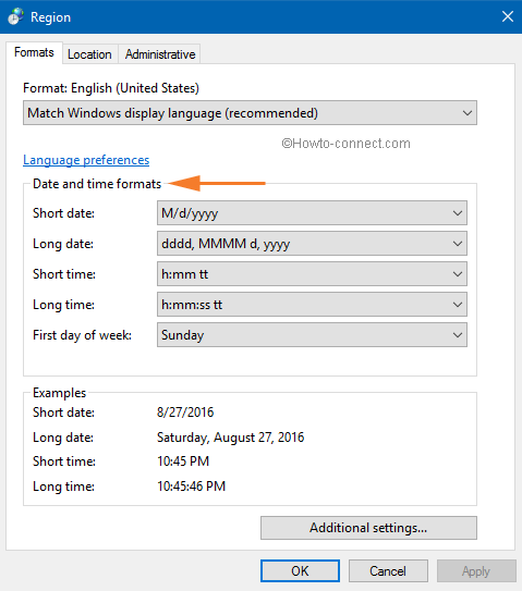 Date and time formats Region box Formats