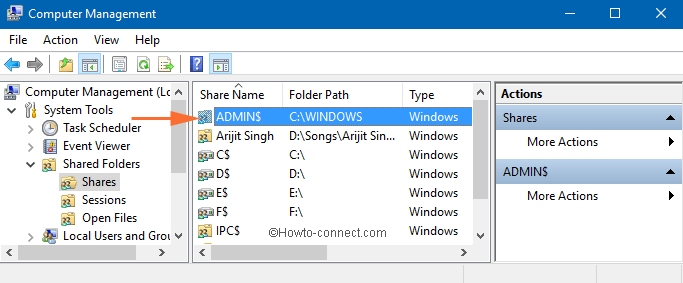 Default administration share ADMIN$ in Computer Management Window Default administration shares in Computer Management Window