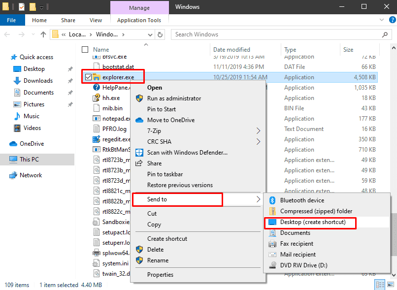 Desktop create shortcut explorer.exe