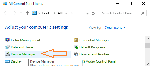 Device Manager symbol under small icon view in Control Panel