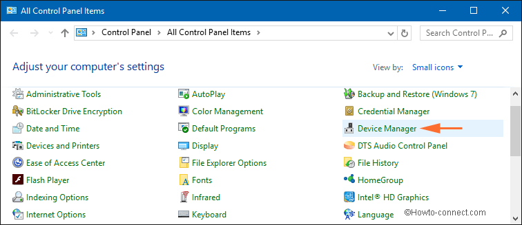Device Manager via Small Icons View in Control Menu