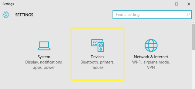 Devices settings in the Settings app in Windows 10
