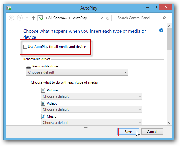 disable AutoPlay in windows 8 image