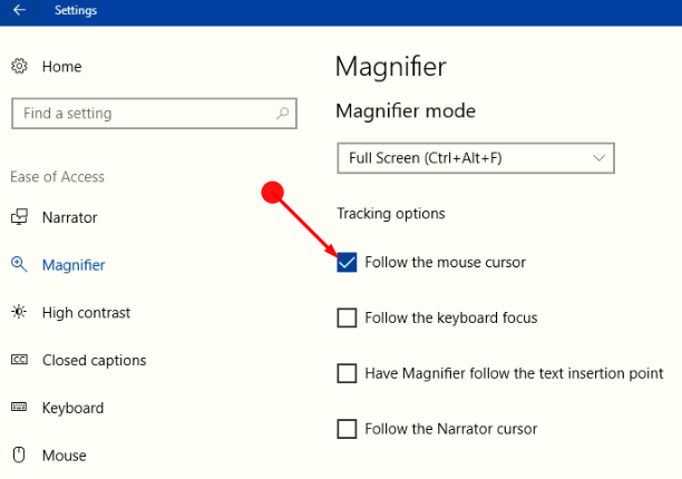 Magnifier's Tracking Options in Windows 10 image 3