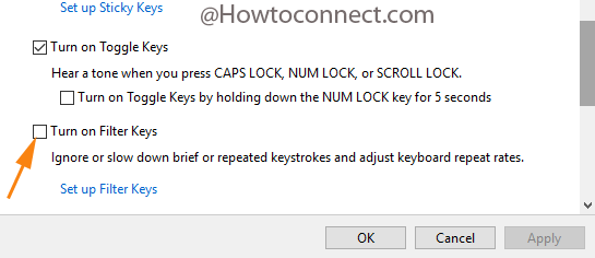 Disable the Turn on Filter Keys checkbox