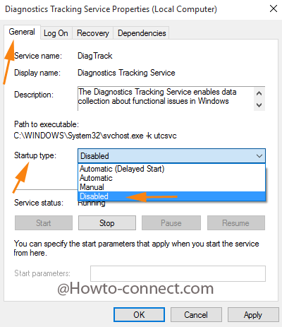 Disabled under the Startup Type under Diagnostics Tracking Service Properties