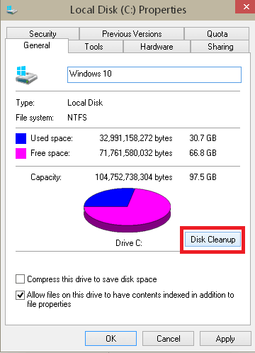 Disk cleanup option in Windows 10