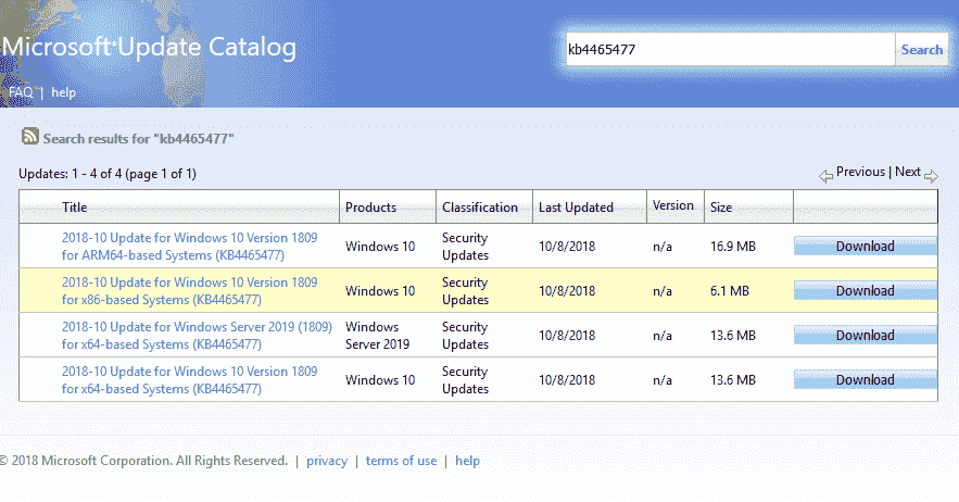 Download KB4465477 Windows 10 1809 SSU (Servicing Stack Update)