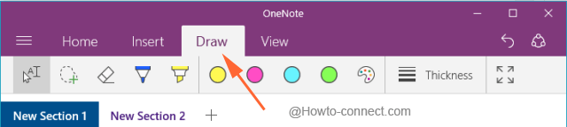 Draw tab of Windows 10 OneNote app