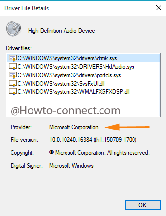 Driver Details of the High Definition Audio Device in Windows 10