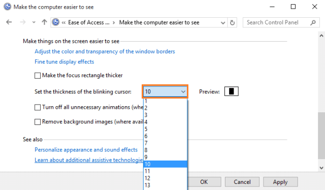 Drop-down menu displays different thickness numbers