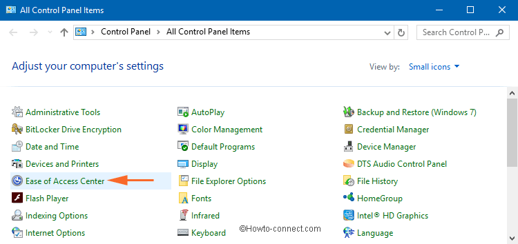 Ease of Access Center in the Windows 10 Control Panel