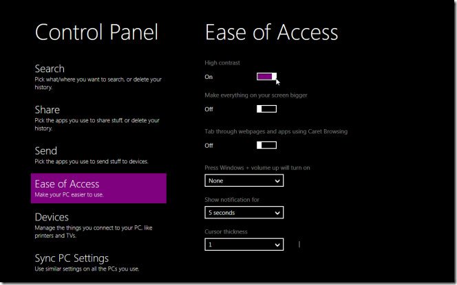 ease of access options in windows 8 control panel