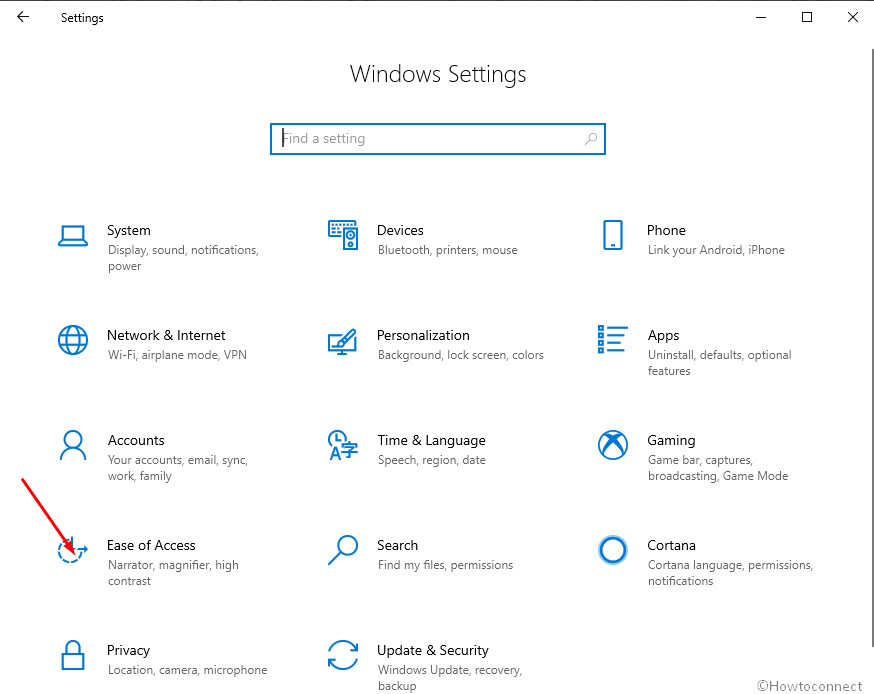 Ease of access Settings app Windows 10