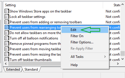 Edit option from the right click of the setting
