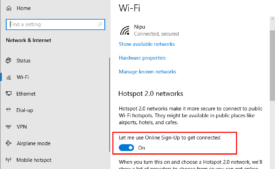 Enable Hotspot 2.0 Network in Windows 10 - turn on the switch Let me use Online Sign-Up to get connected
