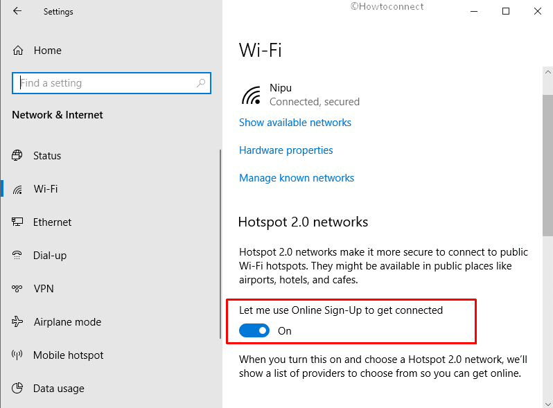 Enable Hotspot 2.0 Network in Windows 10 - turn on the switch Let me use Online Sign-Up to get connected
