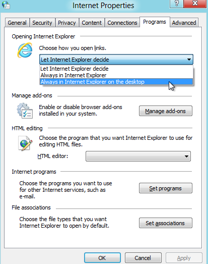 enable ie 10 as desktop mode in windows 8