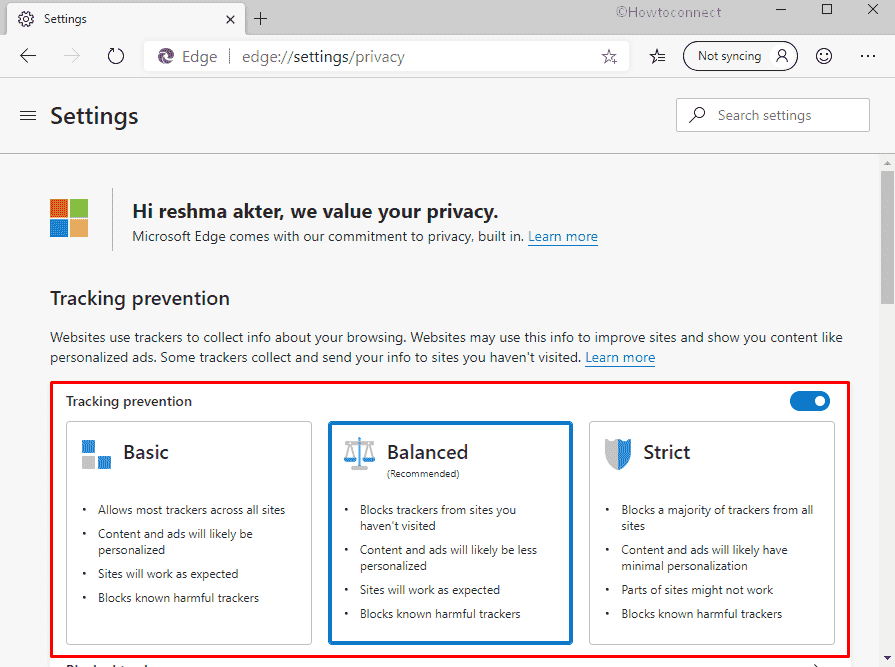 Enable Tracking Prevention in Microsoft Edge- configure the privacy level