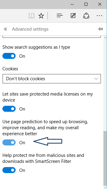 enable and disable page prediction in Edge