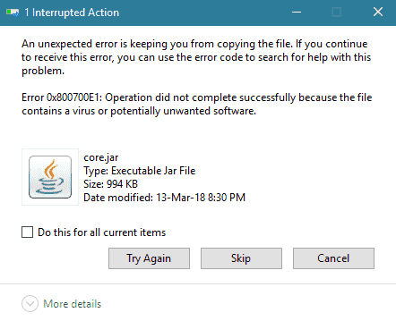 Error Code 0x800700E1 Operation did not complete successfully Windows 10