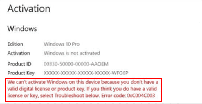 Error code 0xc004c003 Windows 10 Activation