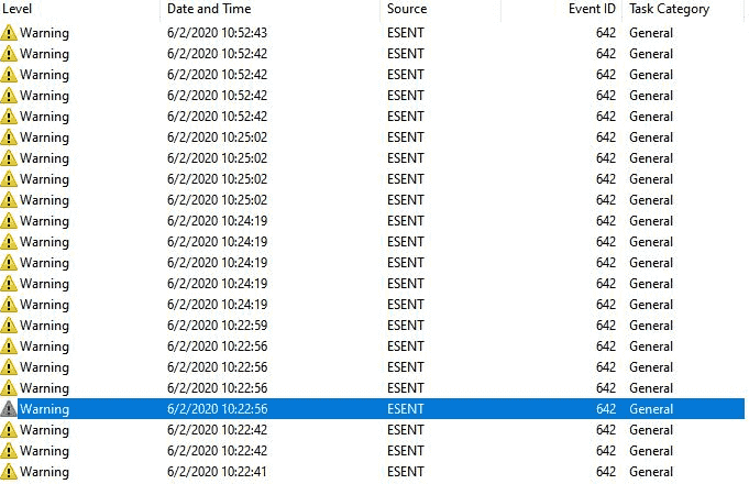 Esent Warning in Event id 642