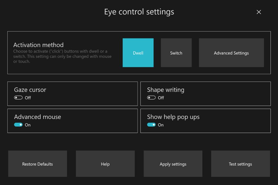 Eye Control settings
