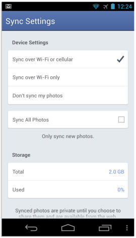 facebook photo sync app settings