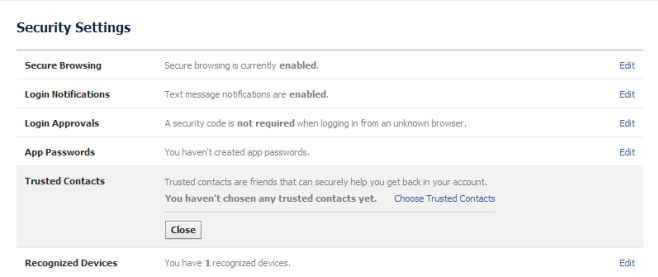 facebook security settings option