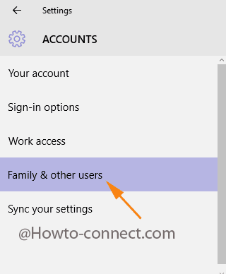 Family & Other users segment under the Accounts category in Windows 10