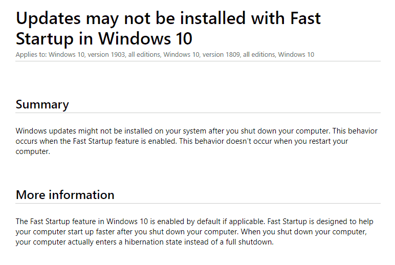 Fast Startup bug obstructing Windows 10 Update will be fixed