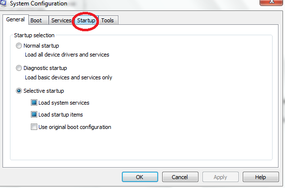 Find Startup tab find startup tab