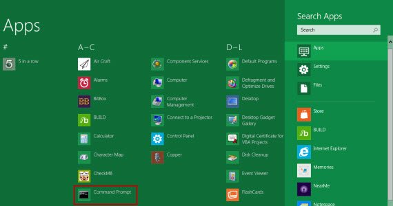 find command prompt from apps lists