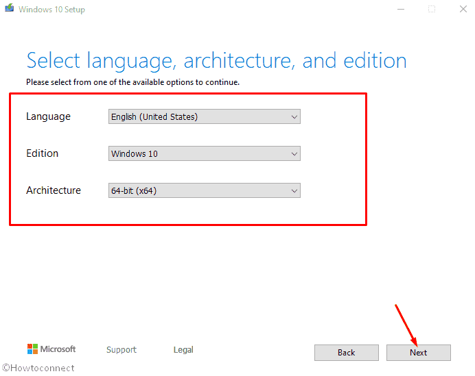 Select language, architecture, and edition window