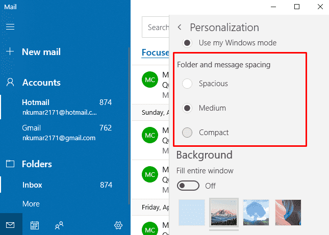 Folder and message spacing in Mail App Windows 11 or 10 image 4