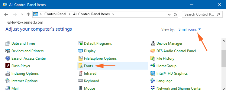 Fonts window can be directly retrieved if the Small icons preview selected
