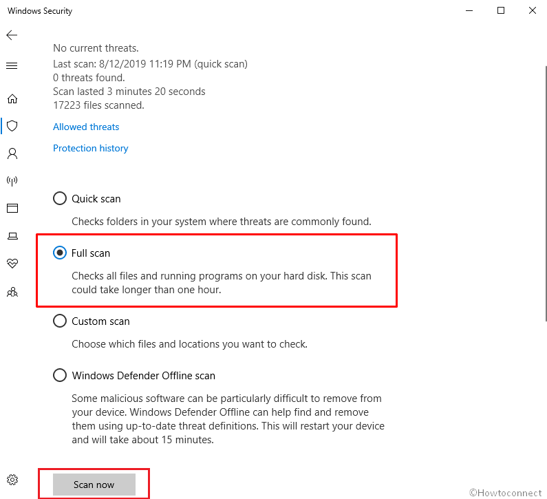 Full scan scan now button Windows security