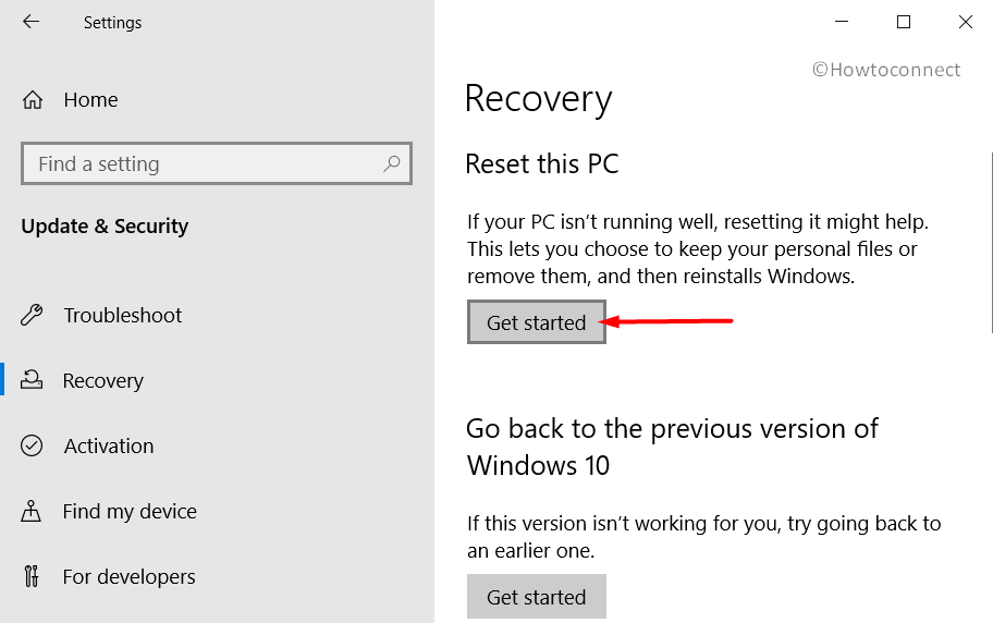 Get Started button reset this pc