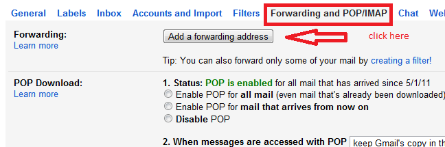 gmail settings to forward address