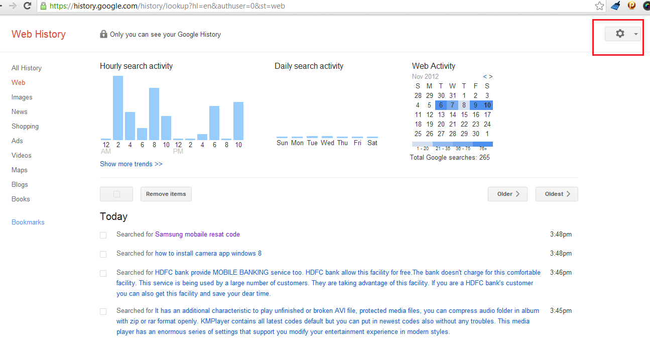 Google account search activity show