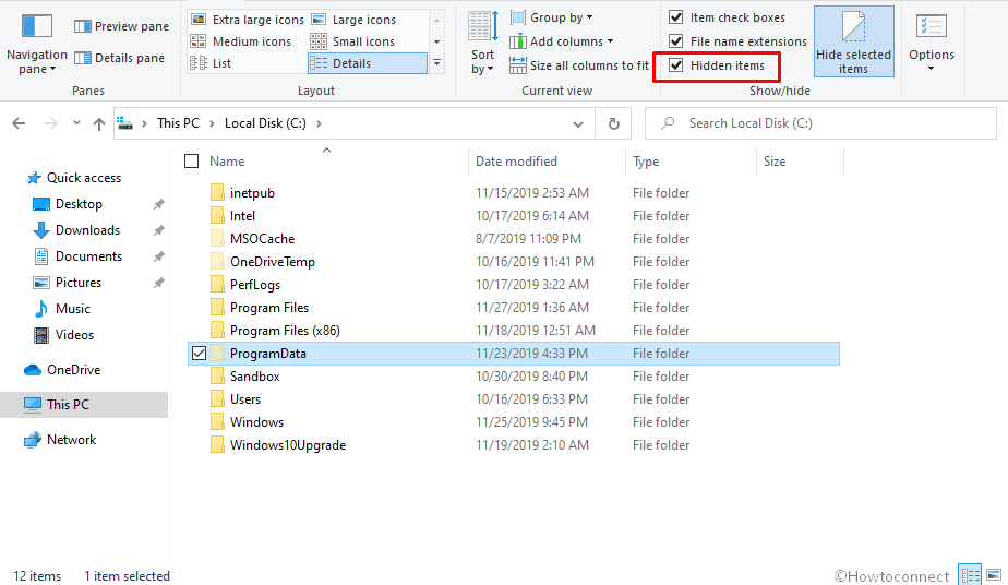 Hidden items checkbox programdata folder