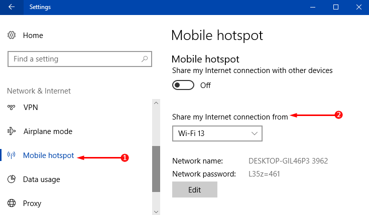 How to Choose a Network to Share via Mobile Hotspot in Windows 10 Image 1