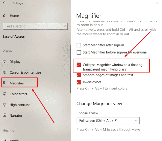 How to Collapse Magnifier Window to a Floating Transparent Magnifying