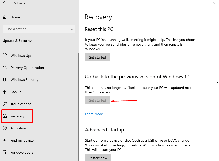 How to Rollback latest Windows 10 2004