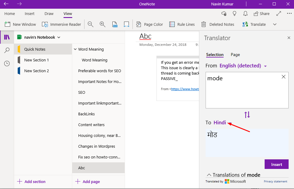 how to change language on onenote windows 10